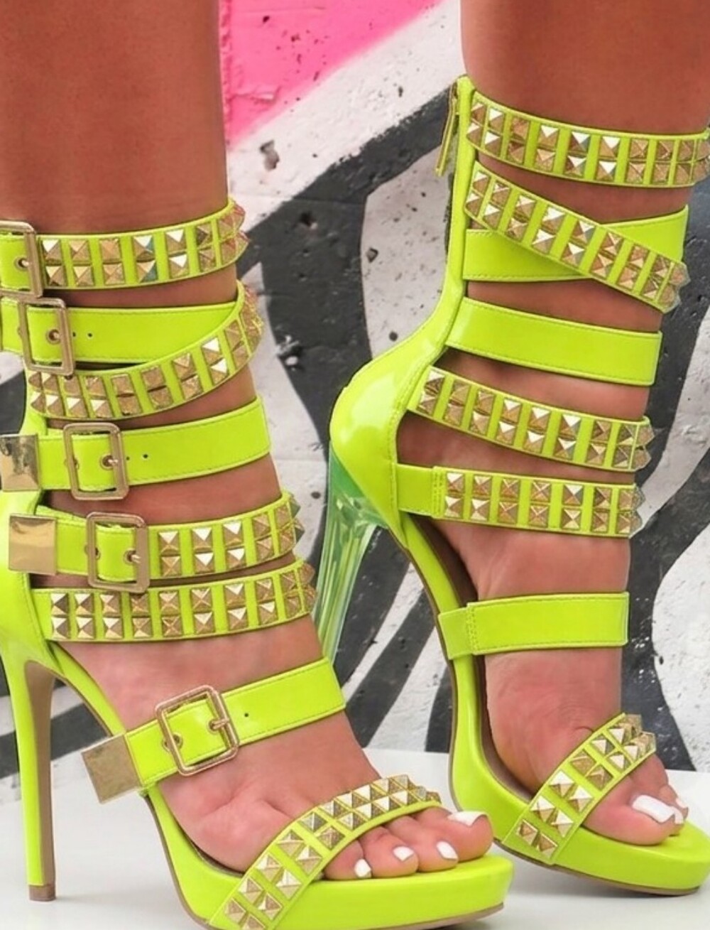 Neon Lime Studded Strappy Spike Heel Sandals